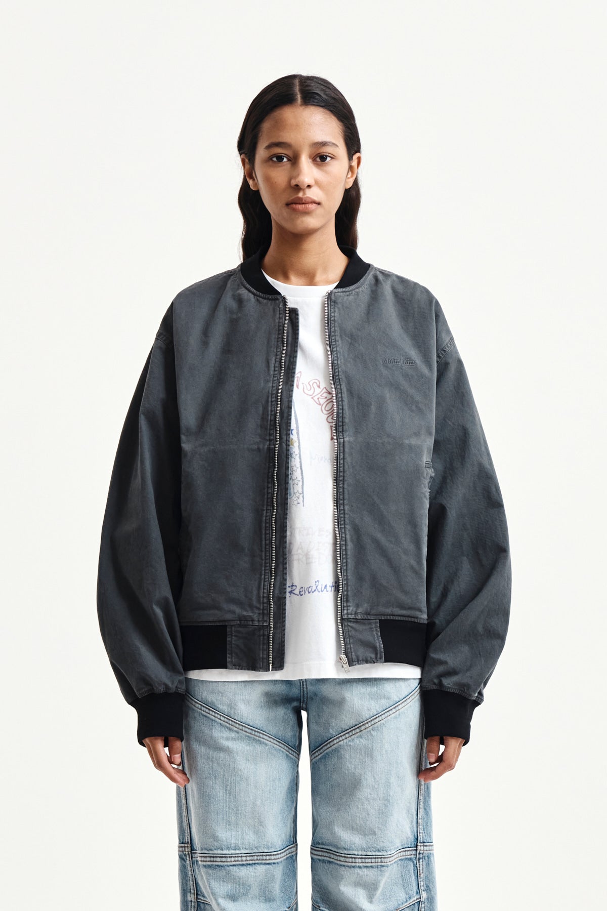 matinkim VINTAGE WASHED BACK LOGO JUMPER IN CHARCOAL