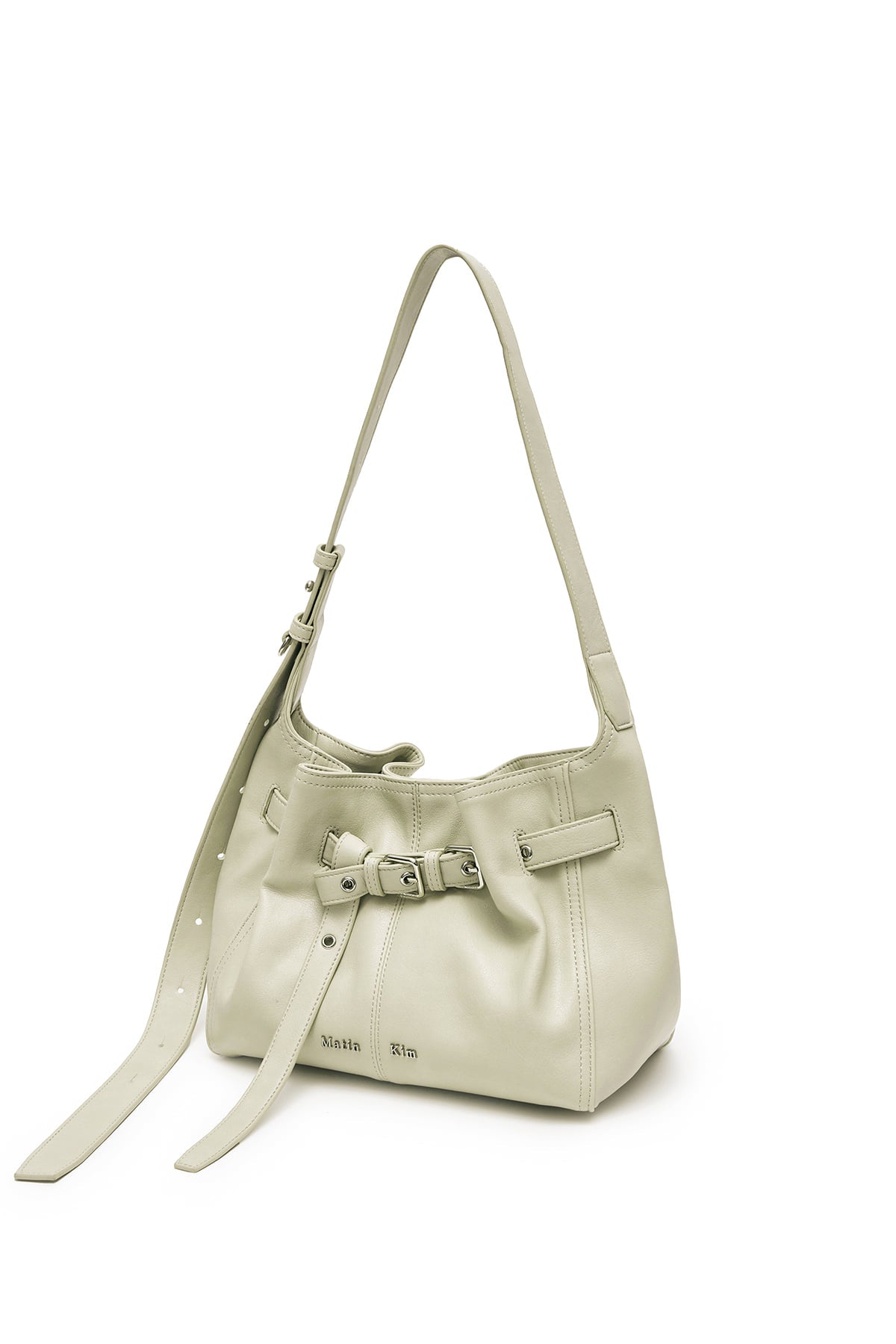 matinkim BELTED VOLUNN SMALL BUCKET BAG IN IVORY