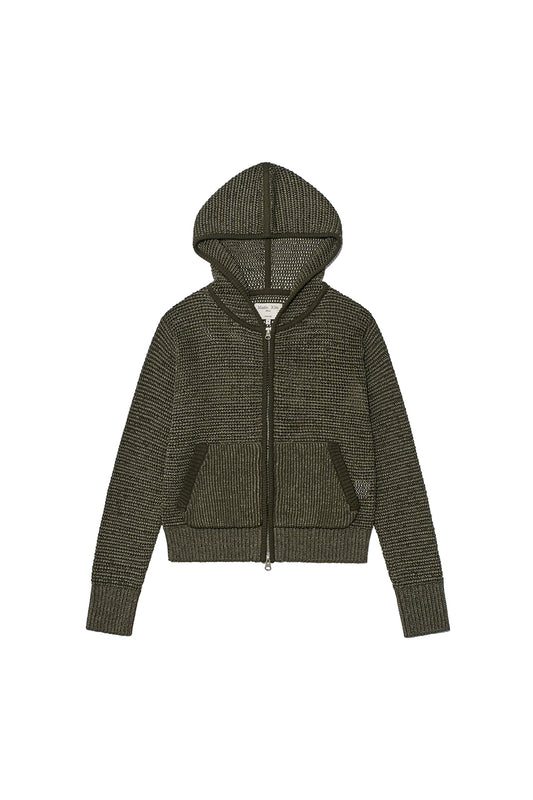 matinkim TWO TONE MESH KNIT HOODY ZIP UP IN KHAKI