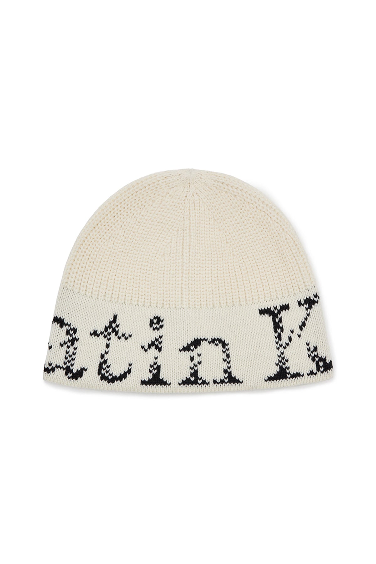 matinkim CRACKED LOGO BUCKET BEANIE IN IVORY