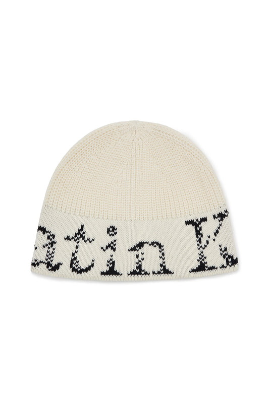 matinkim CRACKED LOGO BUCKET BEANIE IN IVORY
