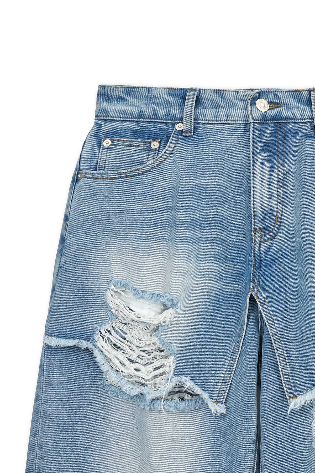 matinkim FRONT LAYERED DISTRESSED DENIM PANTS IN BLUE