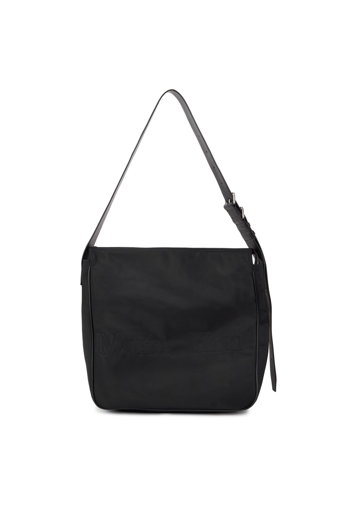 matinkim EMBOSSED LOGO FABRIC SHOULDER BAG IN BLACK