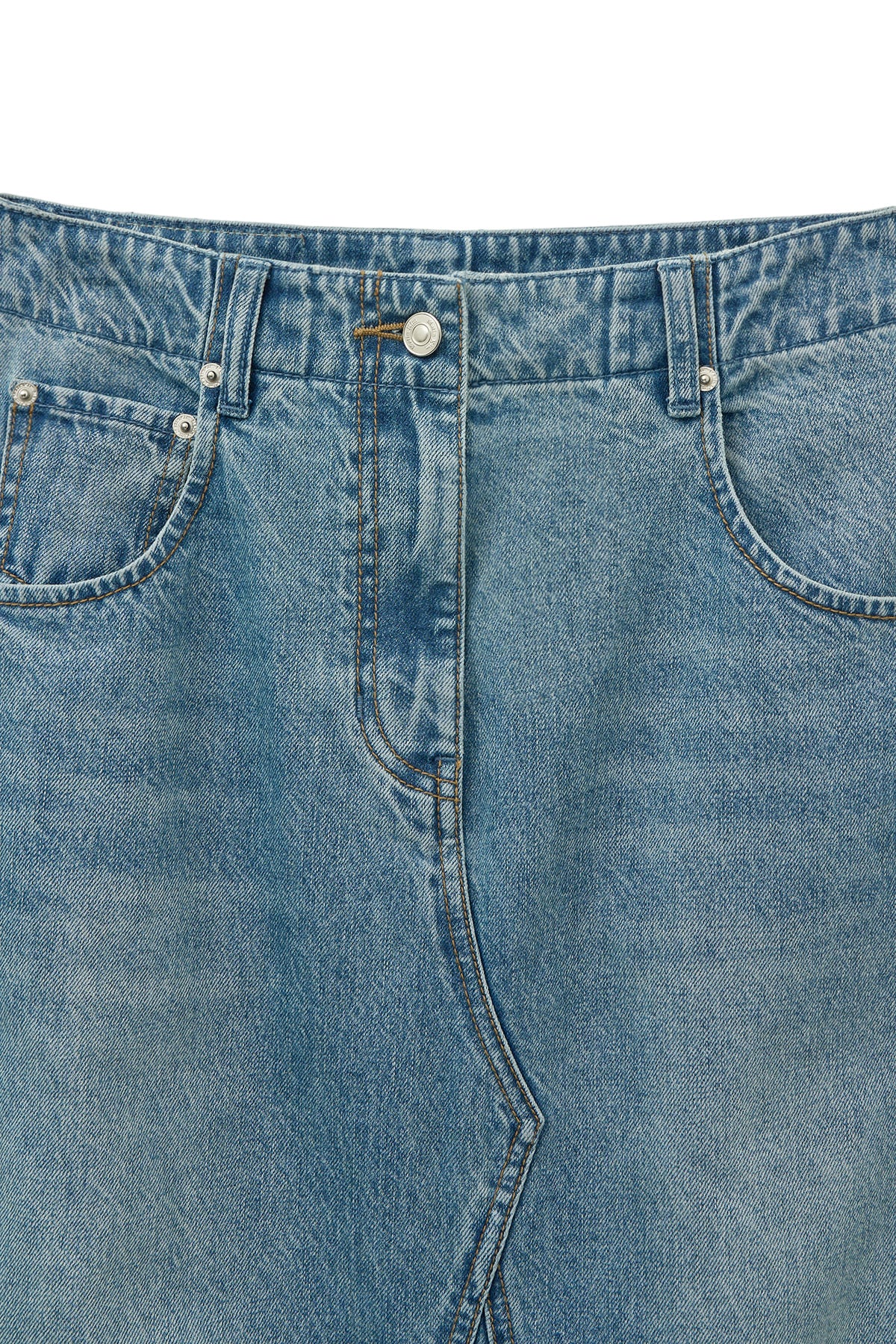 matinkim DAMAGE POINT LONG DENIM SKIRT IN BLUE
