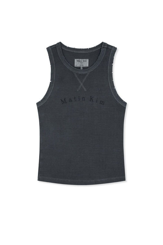 matinkim DISTRESSED SLEEVELESS LOGO TOP IN CHARCOAL