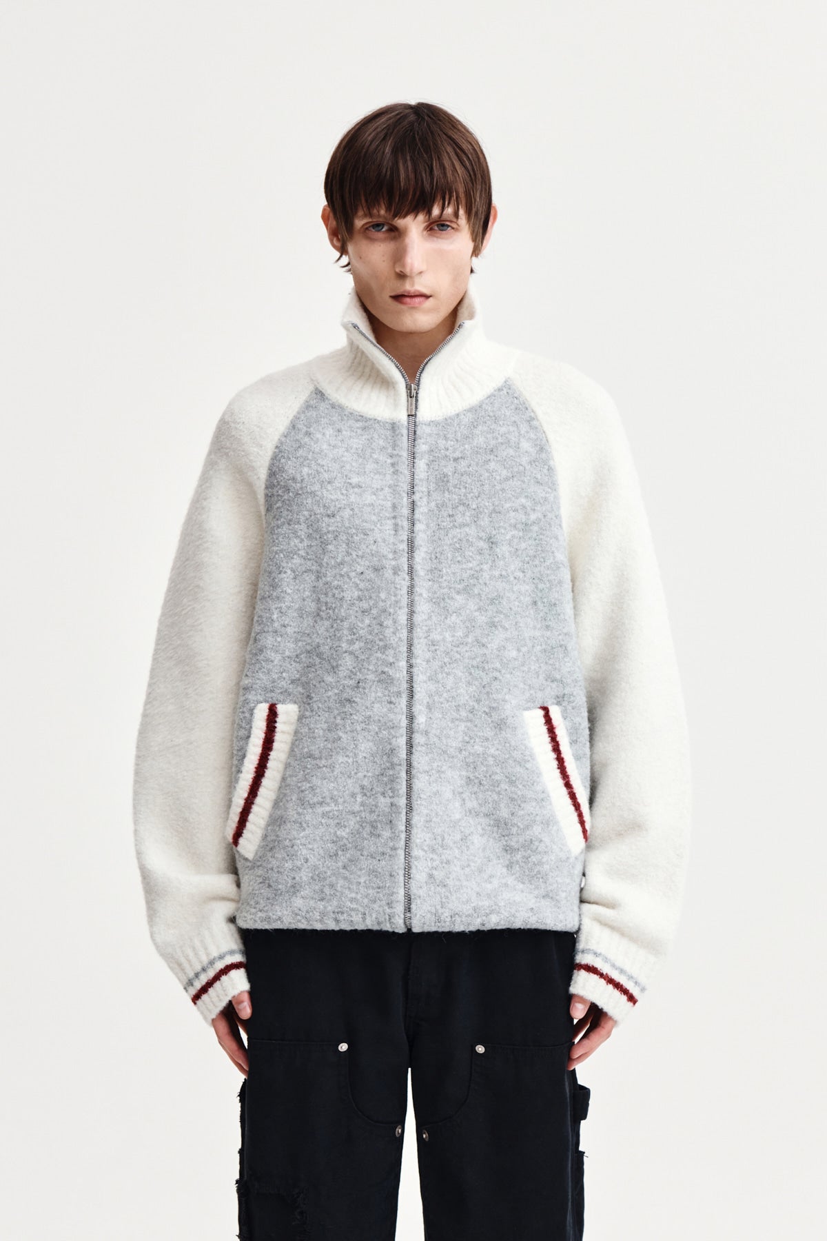 matinkim HIGH NECK RAGLAN KNIT ZIP UP FOR MEN IN IVORY