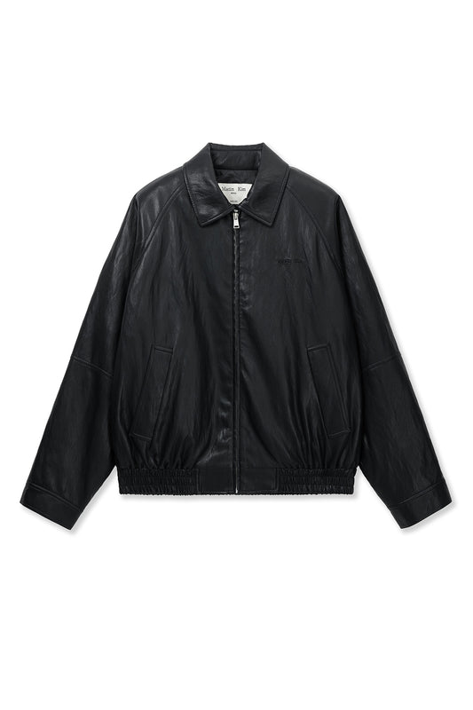 matinkim SMALL LOGO QUILTED FAUX LEATHER ZIP UP JUMPER IN BLACK