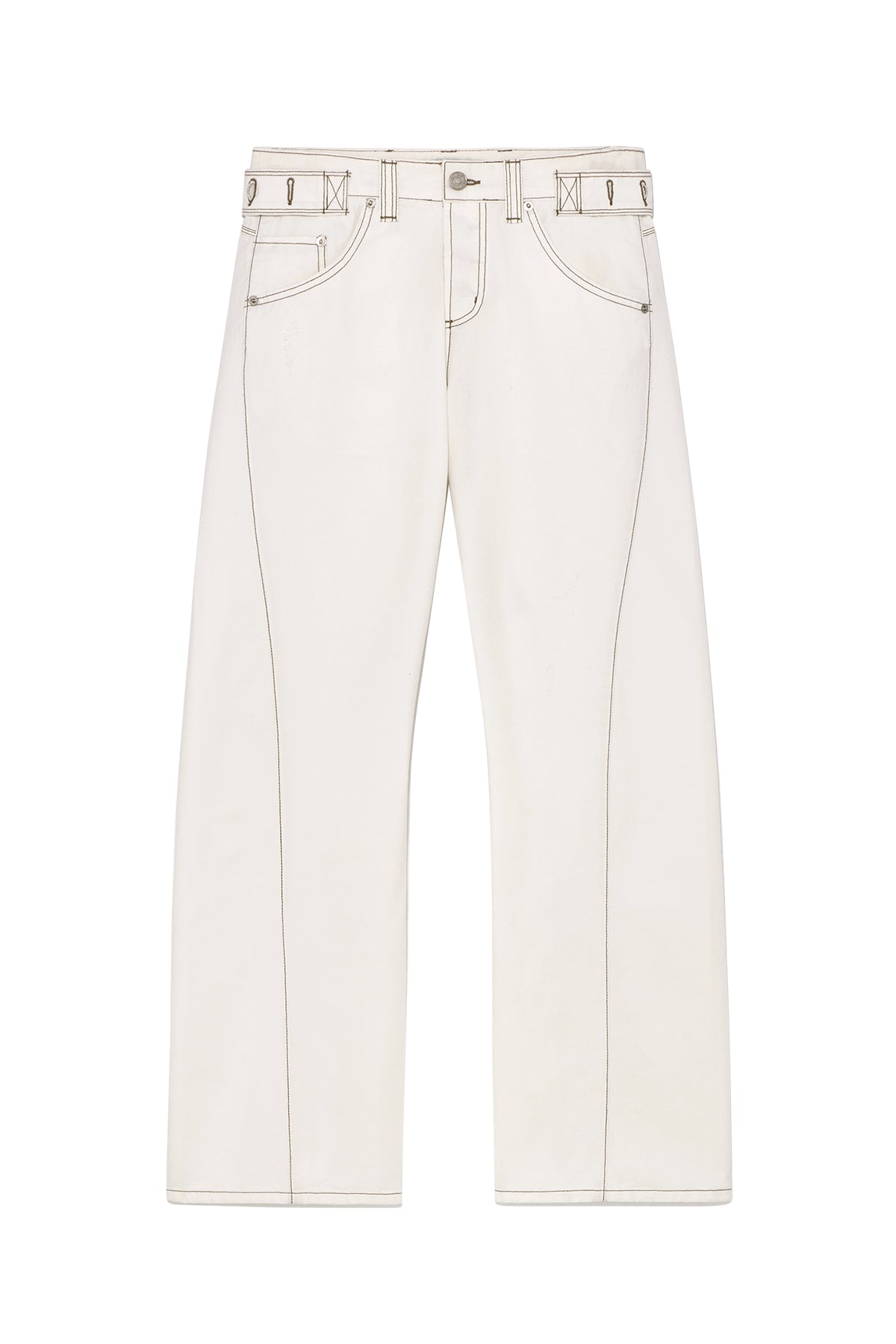 matinkim WAIST BUCKLE CURVED TWILL DENIM PANTS IN WHITE