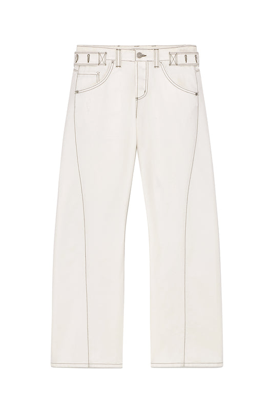 matinkim WAIST BUCKLE CURVED TWILL DENIM PANTS IN WHITE