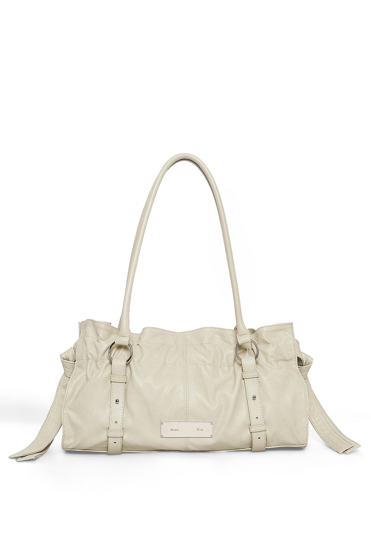 matinkim SHIRRING TIE BUCKLE SHOULDER BAG IN BEIGE
