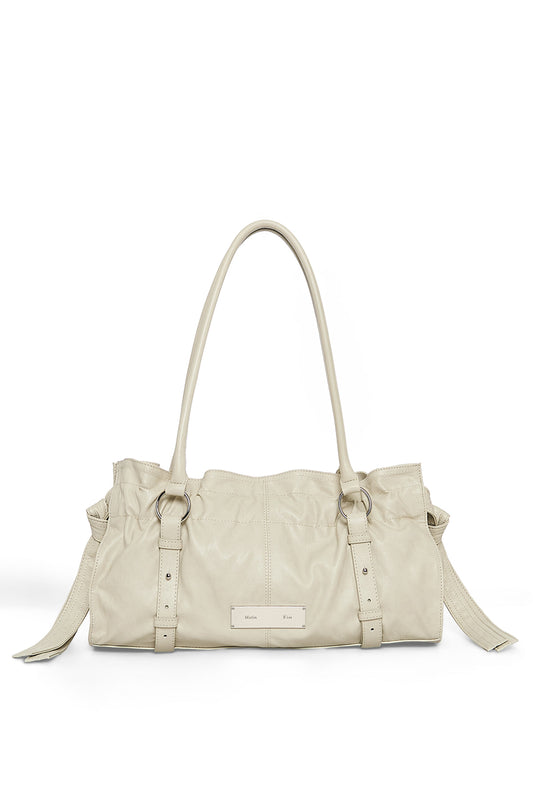 matinkim SHIRRING TIE BUCKLE SHOULDER BAG IN BEIGE