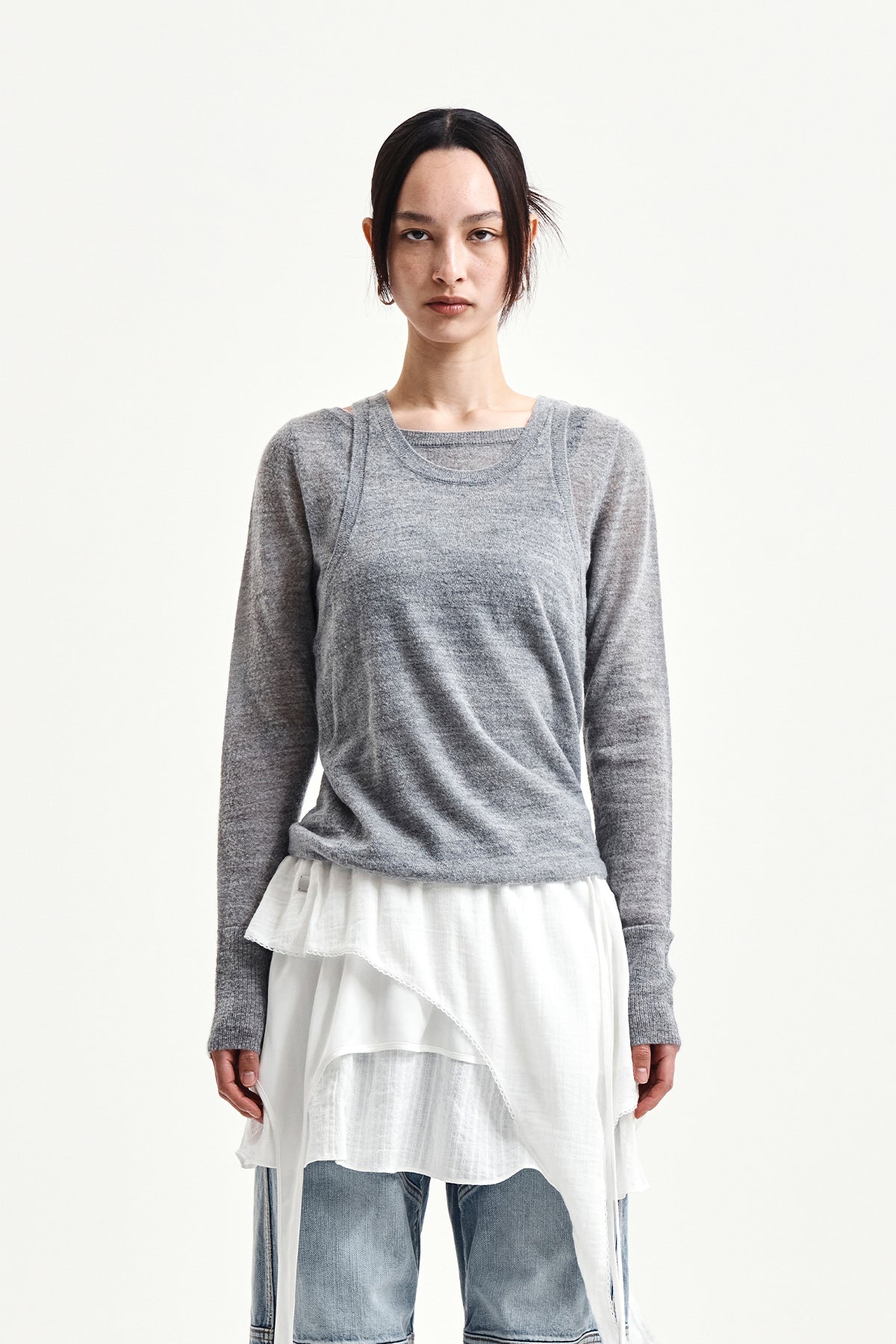matinkim MOHAIR LAYERED KNIT PULLOVER IN LIGHT GREY