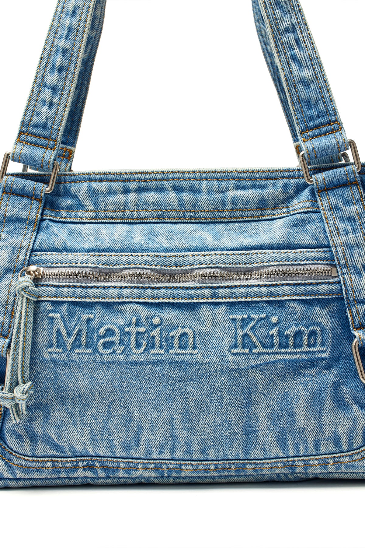 matinkim MATIN WASHED DENIM SQUARE BAG IN LIGHT BLUE
