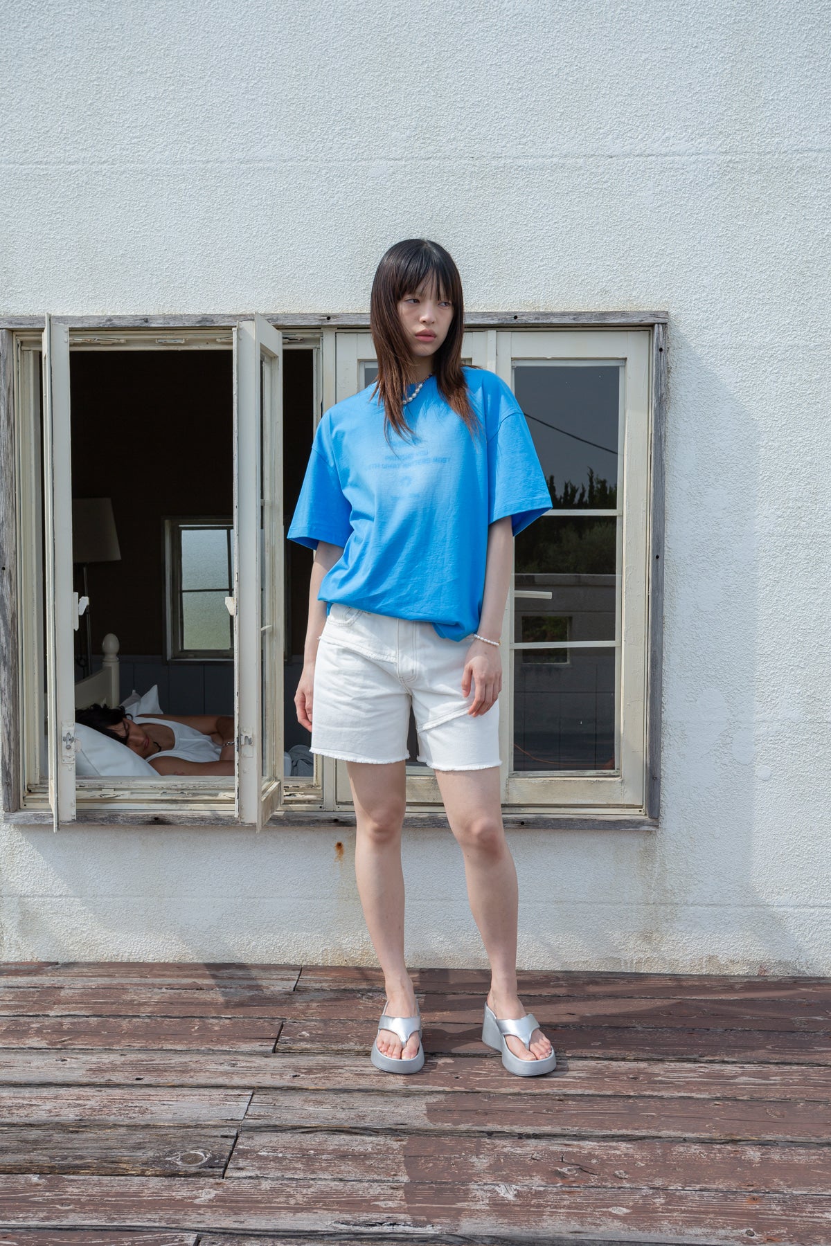 matinkim PAIRING LOGO PRINTING TOP FOR WOMEN IN BLUE
