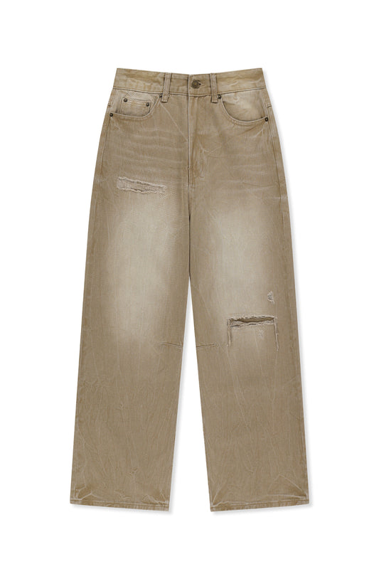 matinkim BACK LOGO WASHED DENIM PANTS IN BEIGE