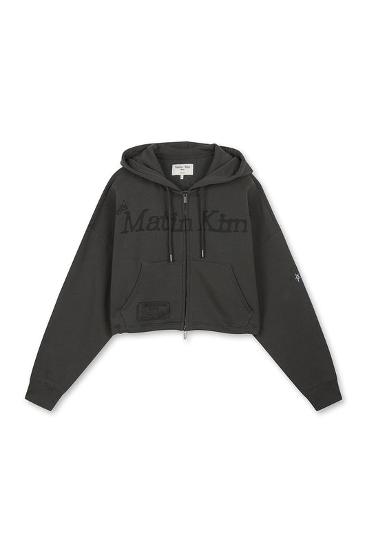 matinkim GRAFFITI ARTWORK CROP HOODY ZIP UP IN CHARCOAL