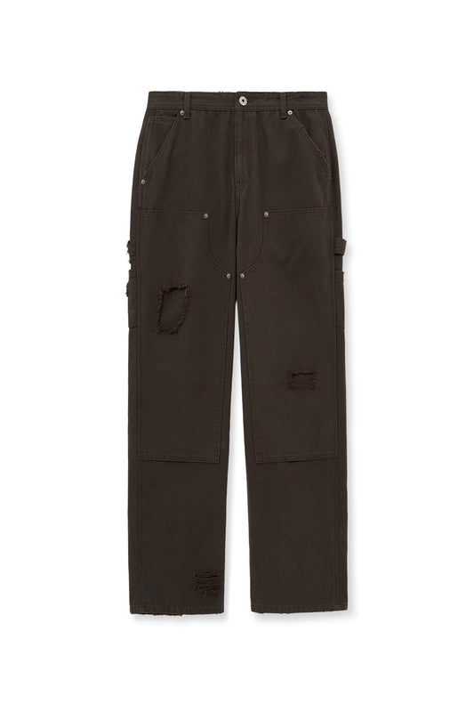 matinkim DISTRESSED DOUBLE KNEE WORK PANTS FOR MEN IN BROWN