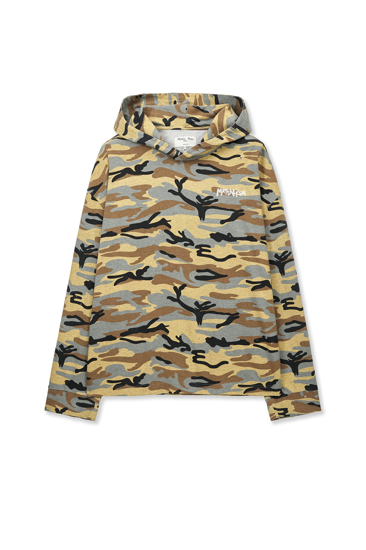 matinkim TYPO ARTWORK CAMOUFLAGE HOODY IN CAMEL