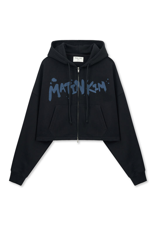 matinkim GRAFFITI LOGO CROP HOODY ZIP UP IN BLACK