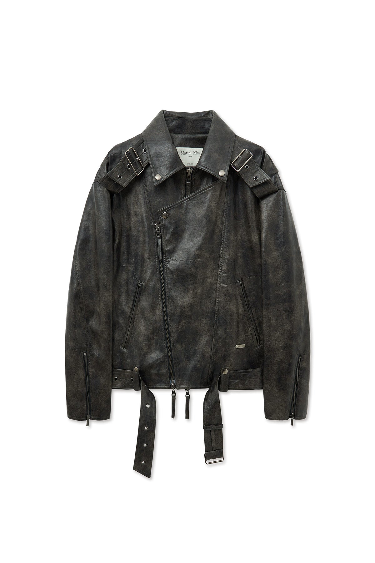 matinkim FAUX LEATHER BELTED RIDER JUMPER IN CHARCOAL