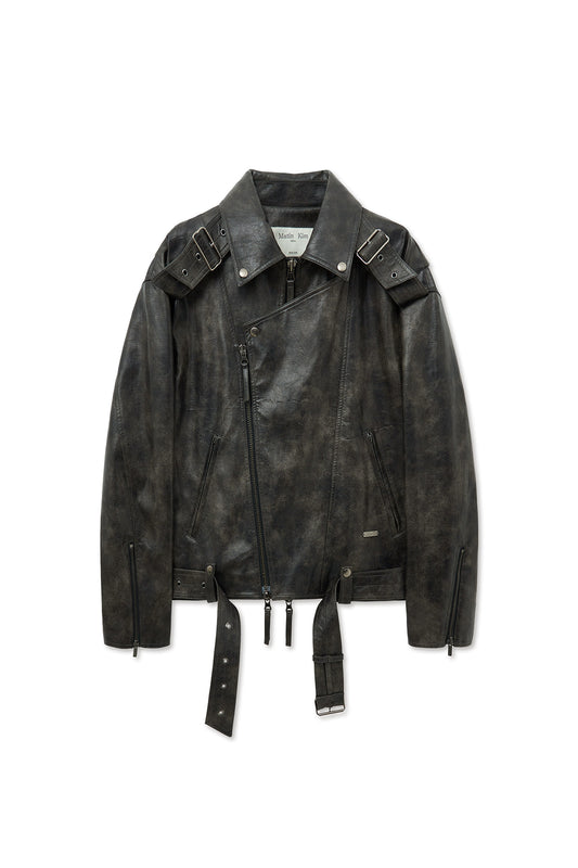 matinkim FAUX LEATHER BELTED RIDER JUMPER IN CHARCOAL