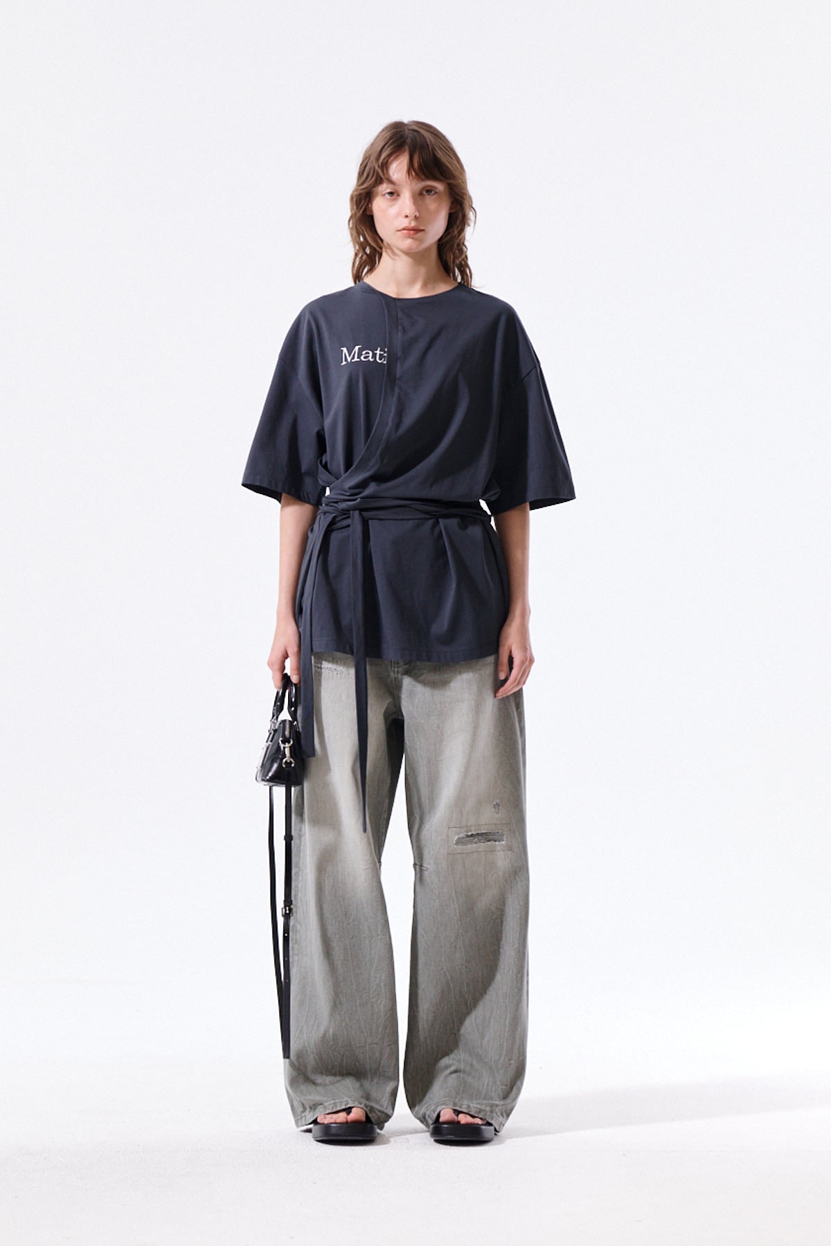 matinkim TIE DETAIL DRAPED LOGO TOP IN CHARCOAL