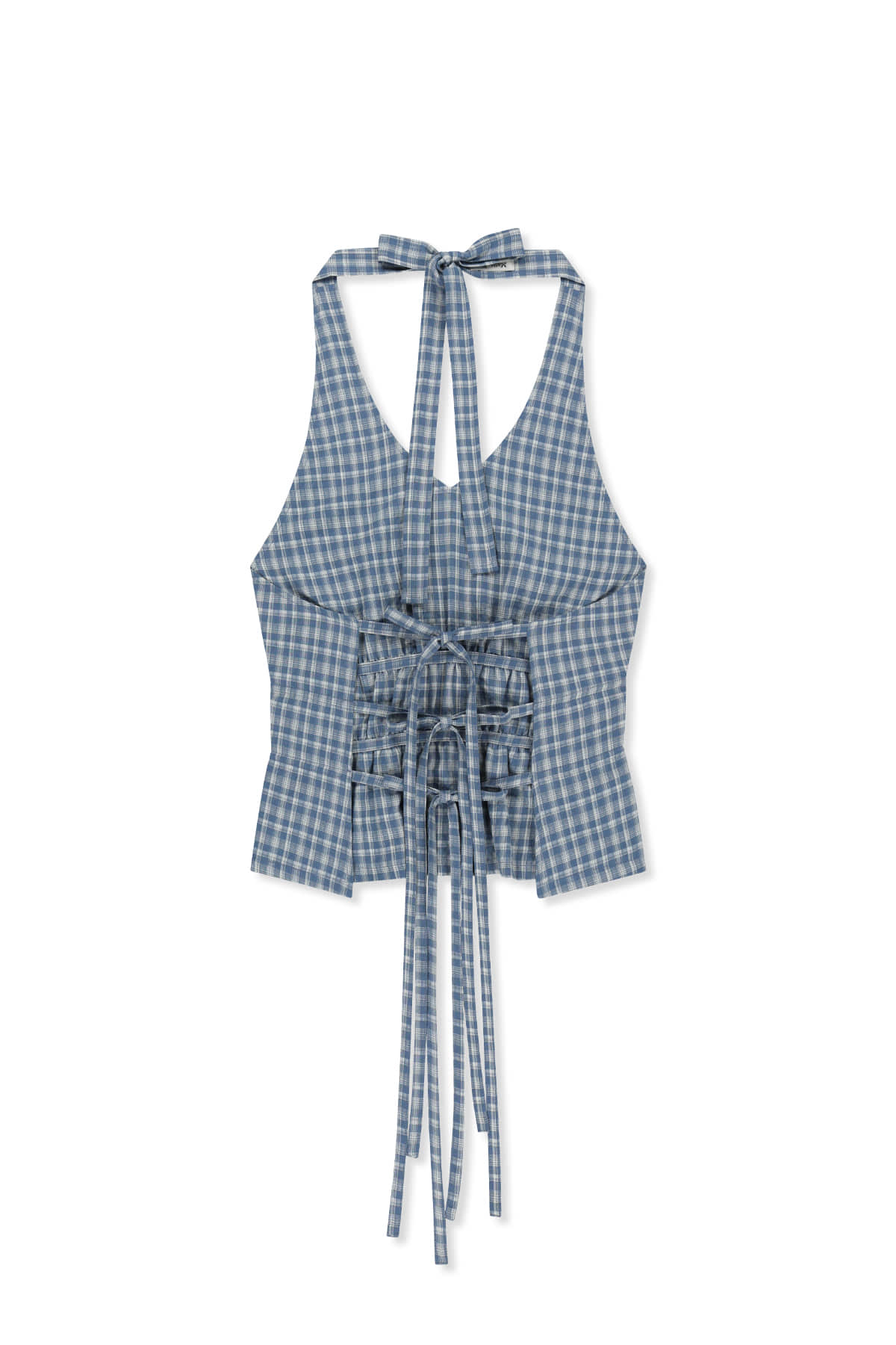 matinkim HALTER NECK SHIRRING BLOUSE IN BLUE