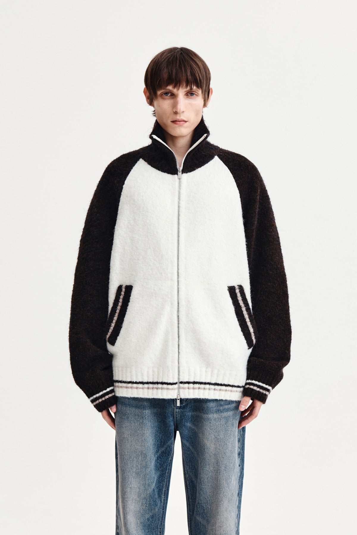 matinkim HIGH NECK RAGLAN KNIT ZIP UP FOR MEN IN DARK BROWN