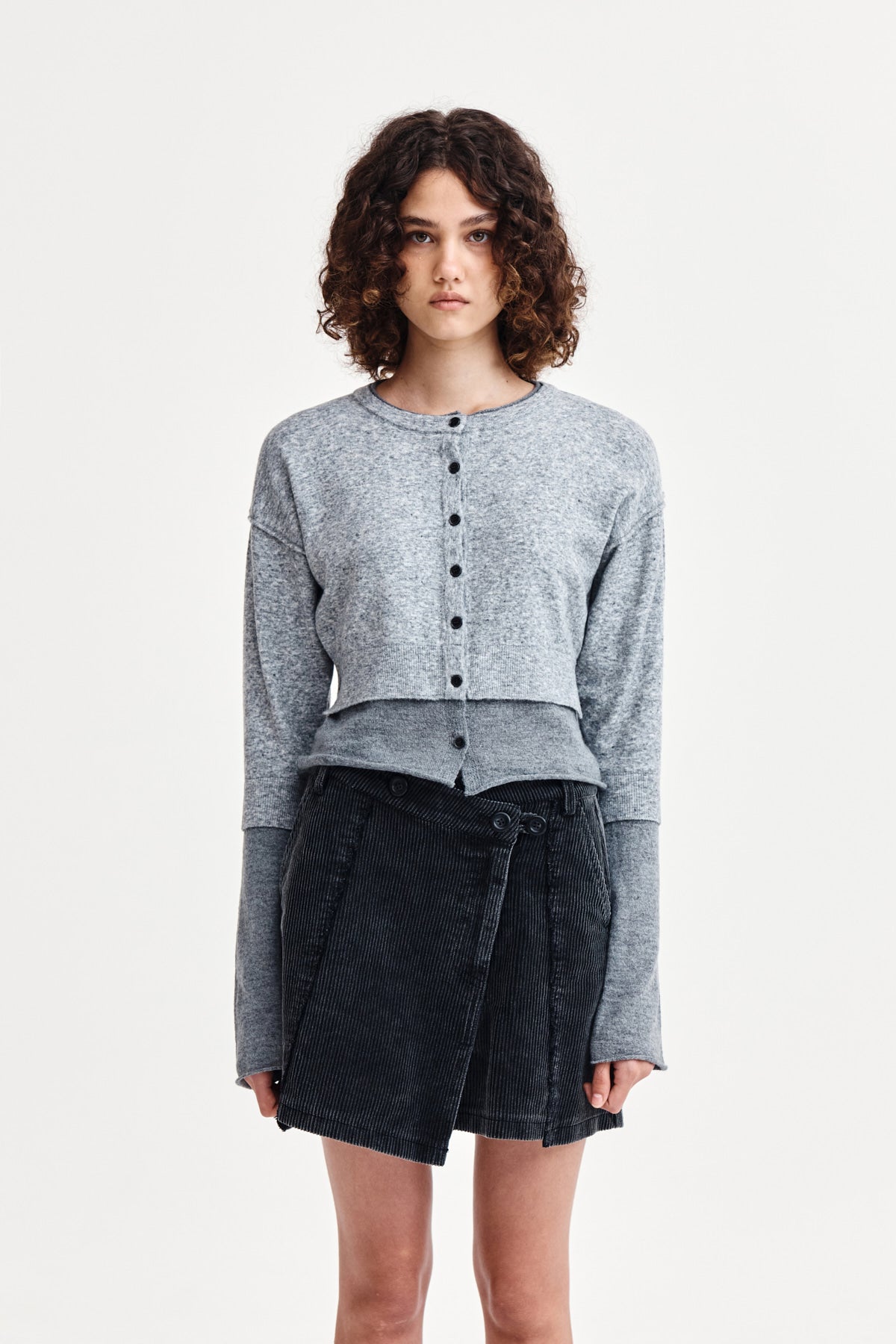 matinkim LAYERED TEXTURE KNIT CARDIGAN IN GREY