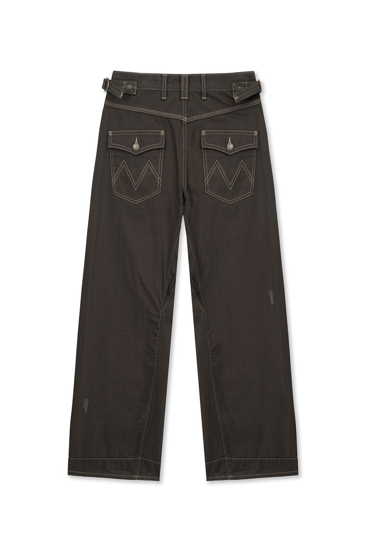 matinkim WAIST BUCKLE STITCH POINT TWILL DENIM PANTS IN BROWN