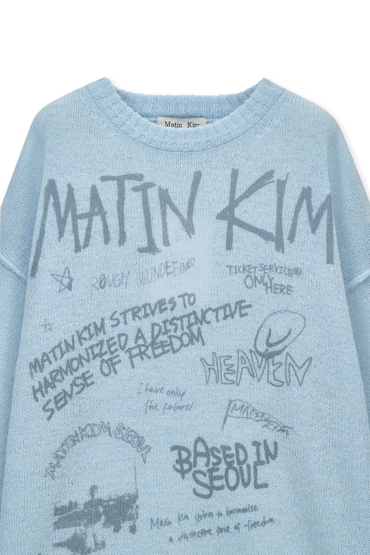 matinkim GRAFFITI ARTWORK KNIT PULLOVER IN LIGHT BLUE