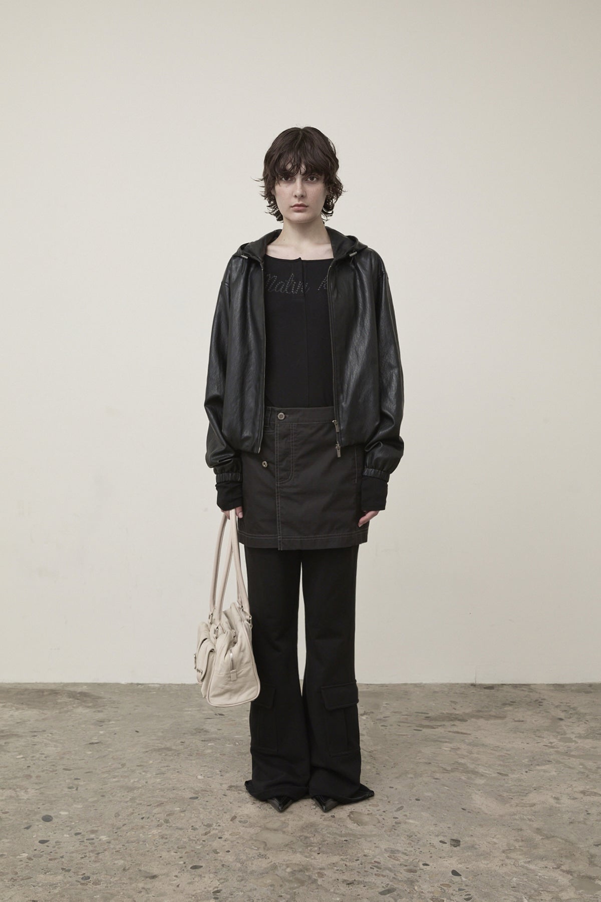 matinkim FAUX LEATHER HOODY CROP JUMPER IN BLACK