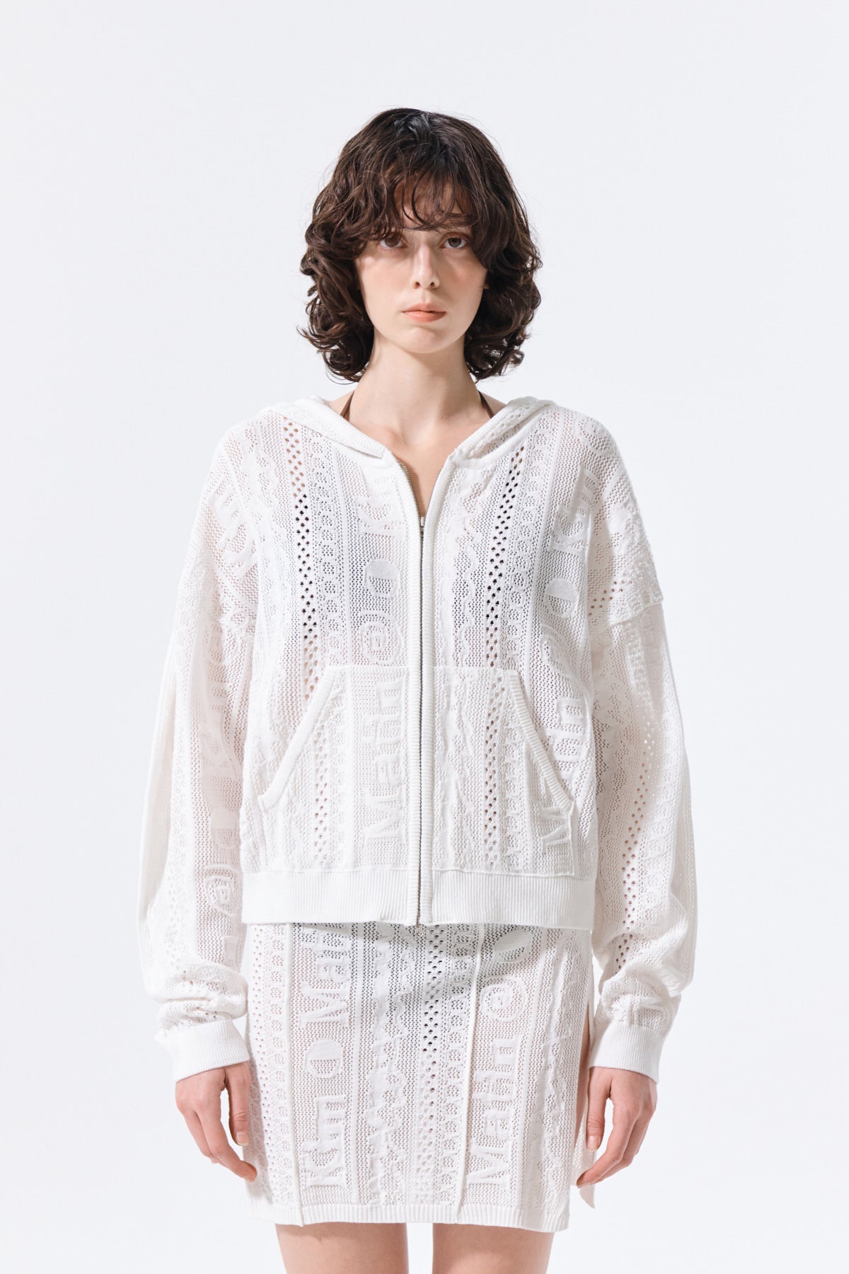 matinkim MESH LOGO KNIT HOODY ZIP UP IN WHITE