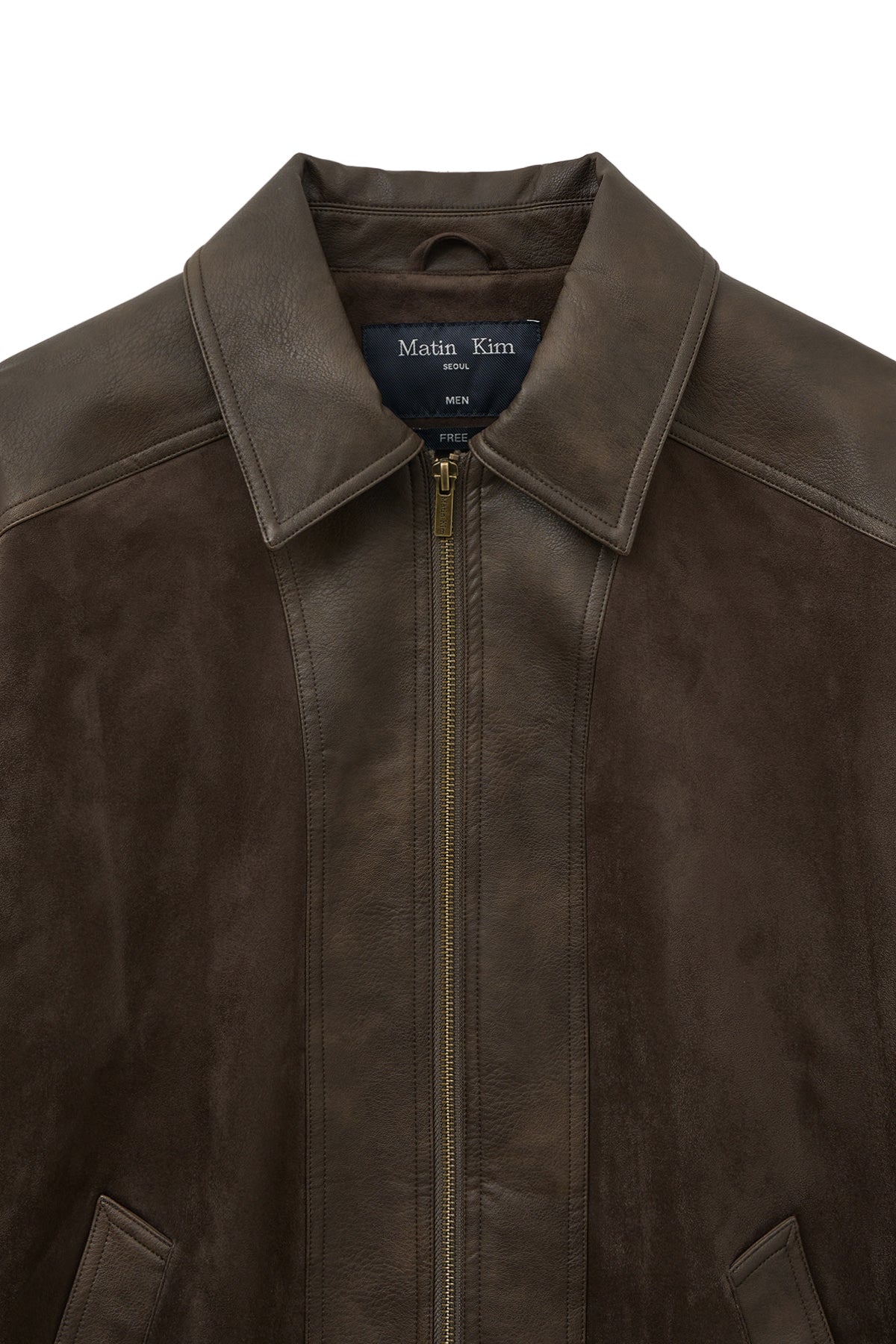 matinkim SUEDE MIX LEATHER ZIP UP JUMPER FOR MEN IN BROWN