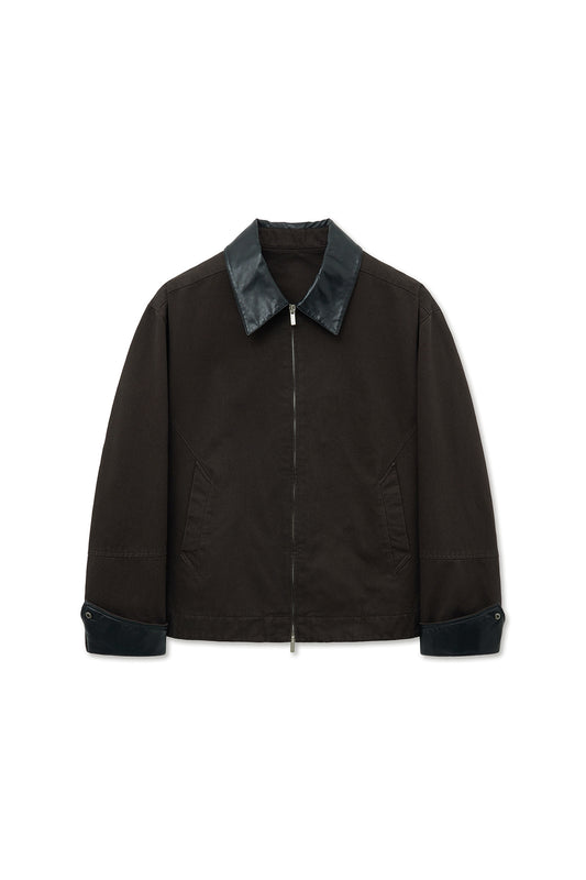 matinkim LEATHER COLLAR POINT WORK JACKET FOR MEN IN DARK BROWN