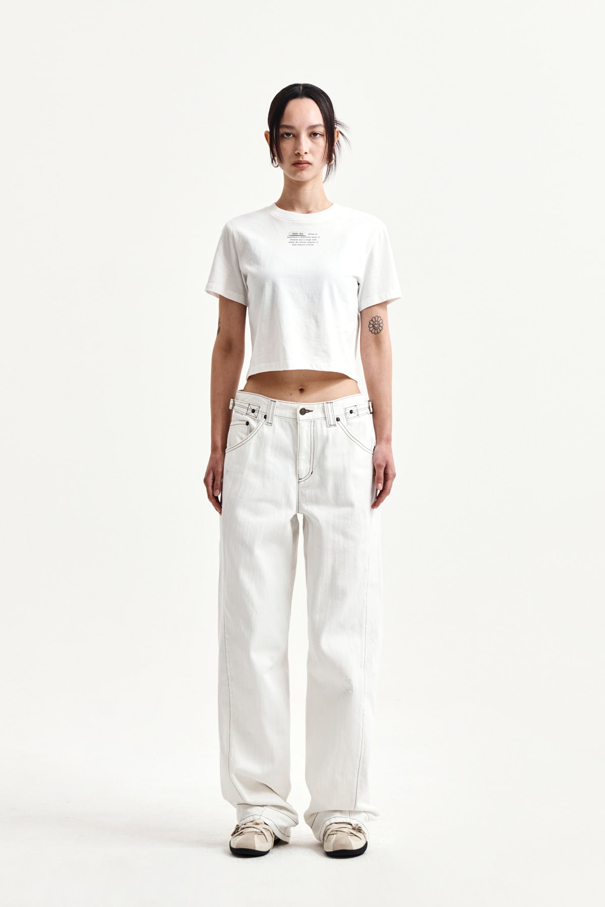 matinkim WAIST BUCKLE STITCH POINT TWILL DENIM PANTS IN IVORY
