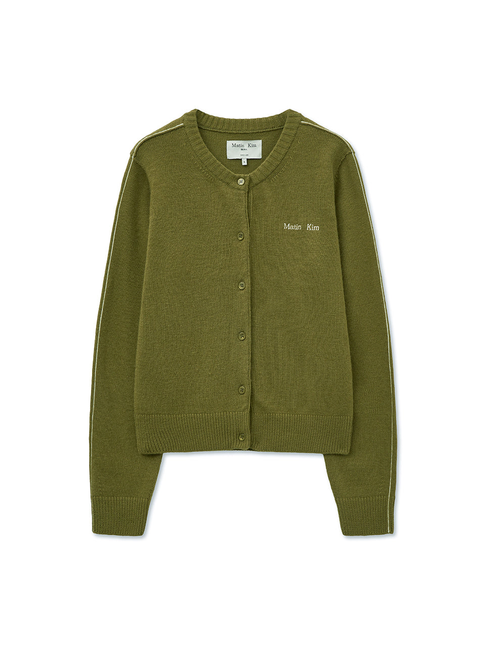 matinkim CASHMERE BLENDED ROUND KNIT CARDIGAN IN OLIVE