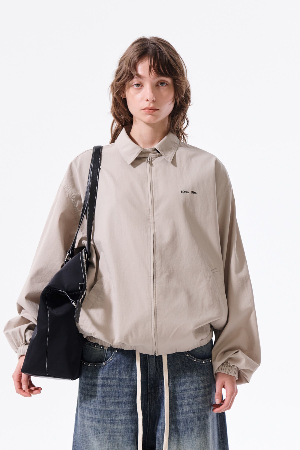 matinkim SMALL LOGO COTTON ZIP UP JUMPER IN LIGHT BEIGE