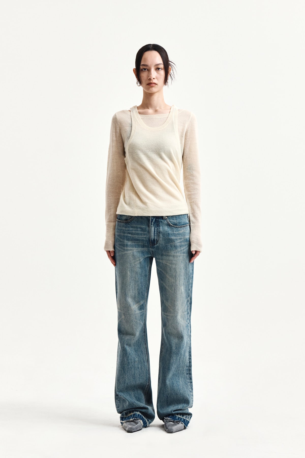 matinkim WASHED POINT BOOTS CUT DENIM PANTS IN BLUE
