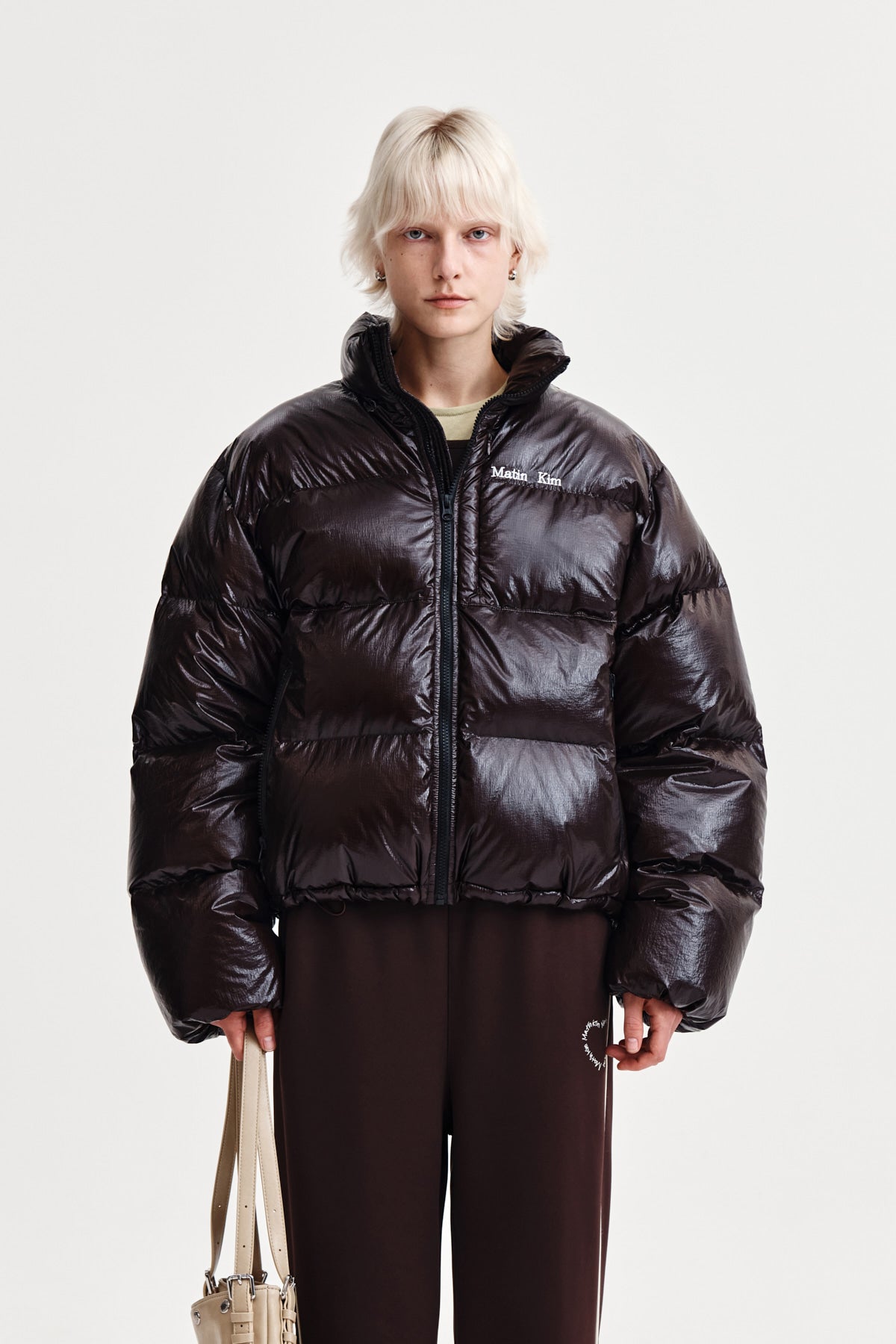 matinkim SMALL LOGO VOLUME DOWN JUMPER FOR WOMEN IN DARK BROWN