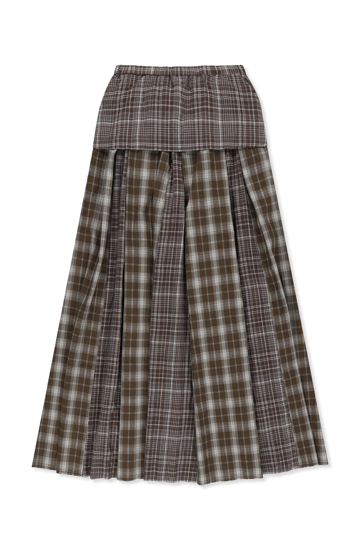 matinkim MIXED CHECK SLEEVE TIE FLARE SKIRT IN BROWN