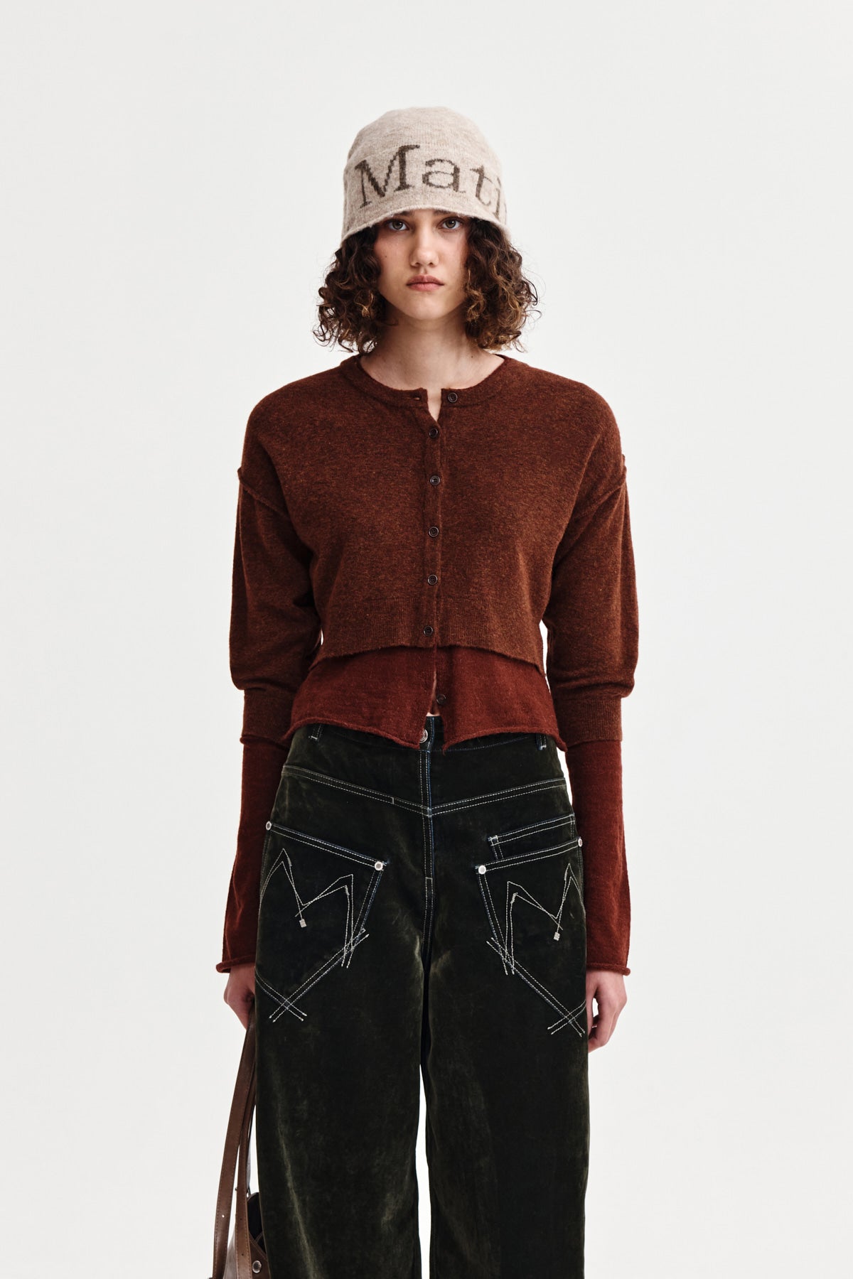 matinkim LAYERED TEXTURE KNIT CARDIGAN IN BROWN