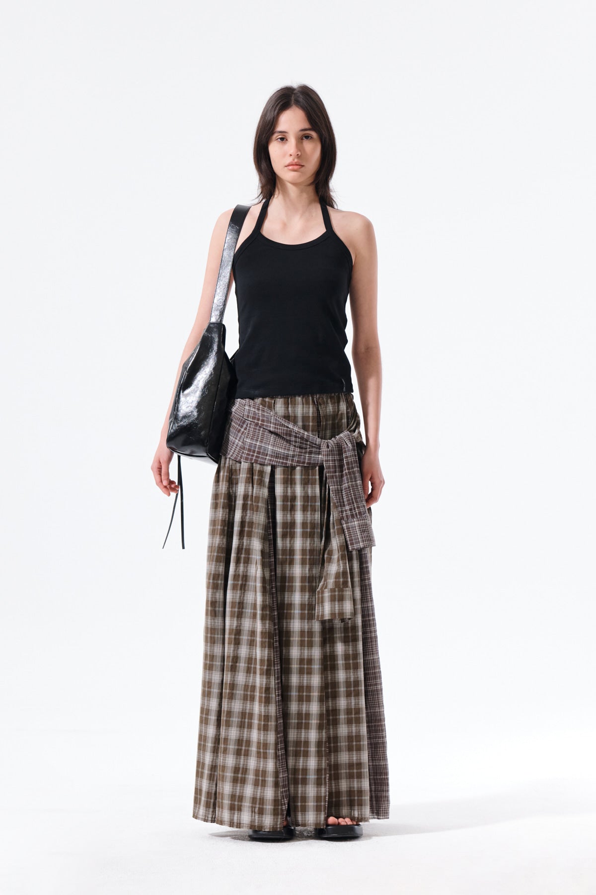 matinkim MIXED CHECK SLEEVE TIE FLARE SKIRT IN BROWN