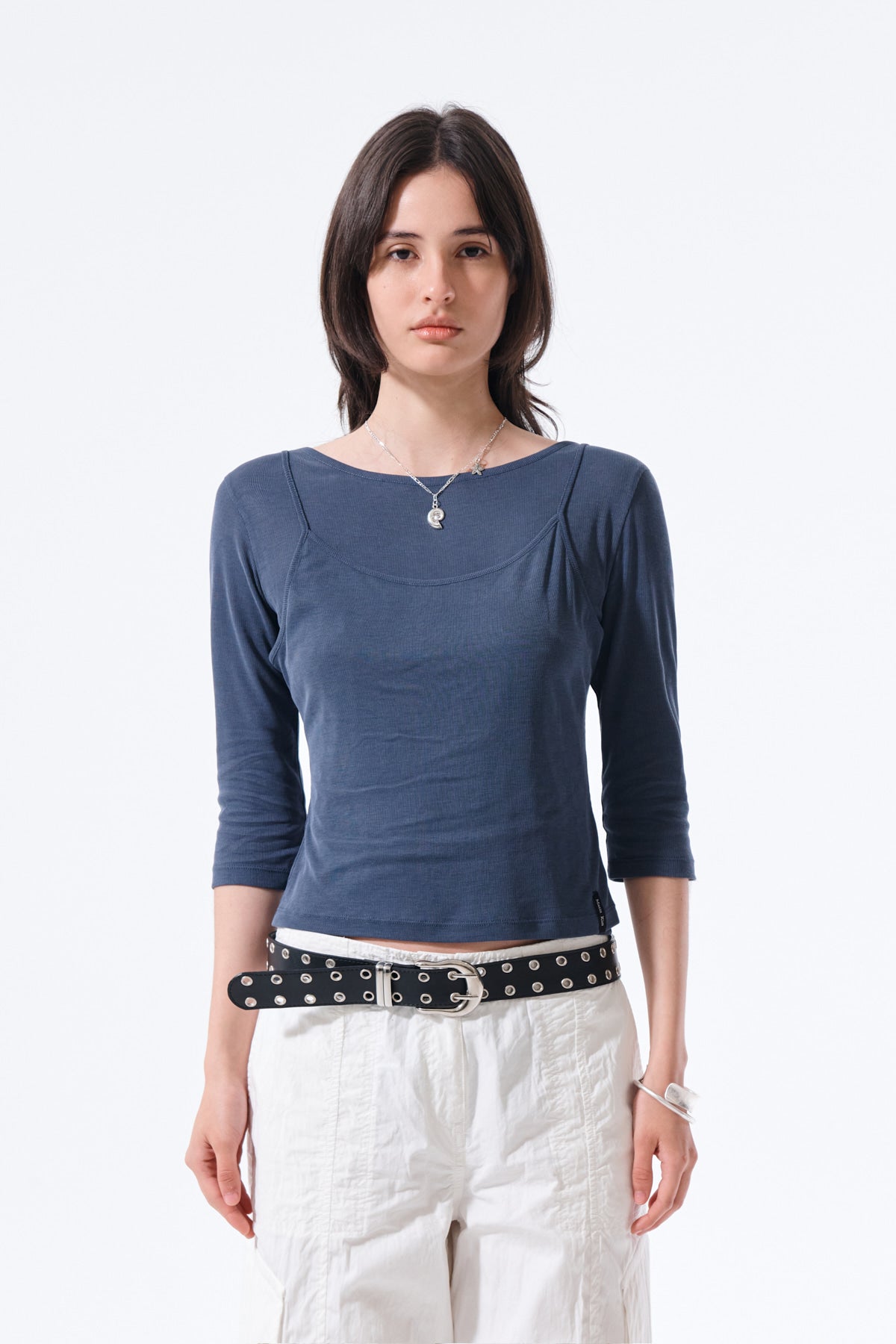 matinkim 3/4 SLEEVE TOP & TANK LAYERED SET IN SMOKE BLUE