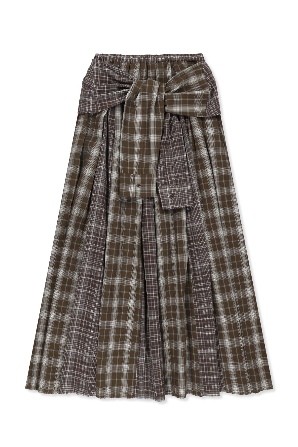 matinkim MIXED CHECK SLEEVE TIE FLARE SKIRT IN BROWN