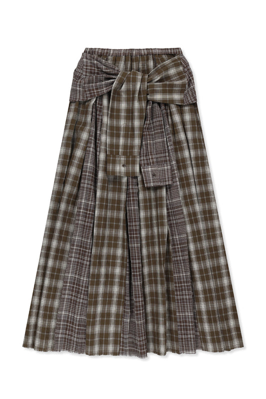 matinkim MIXED CHECK SLEEVE TIE FLARE SKIRT IN BROWN
