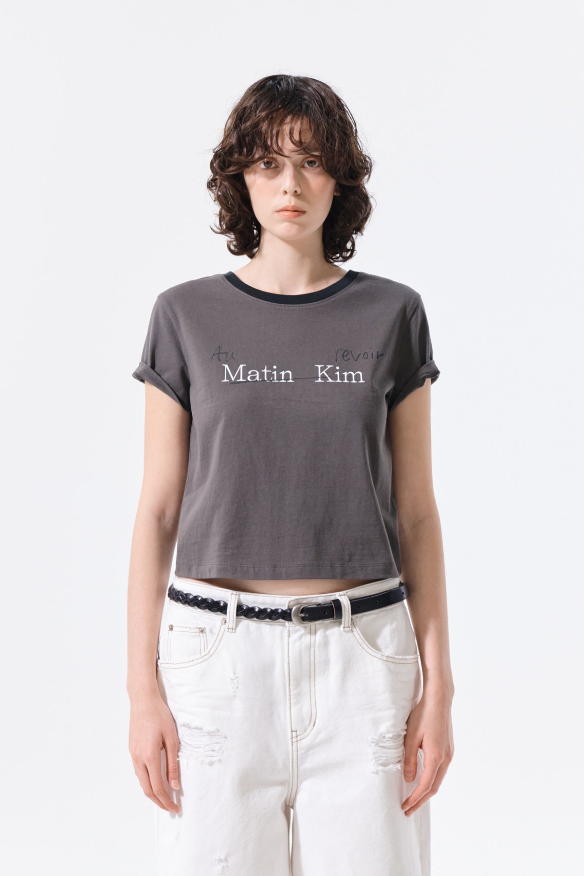 matinkim TONAL RIB LOGO CROP TOP IN CHARCOAL