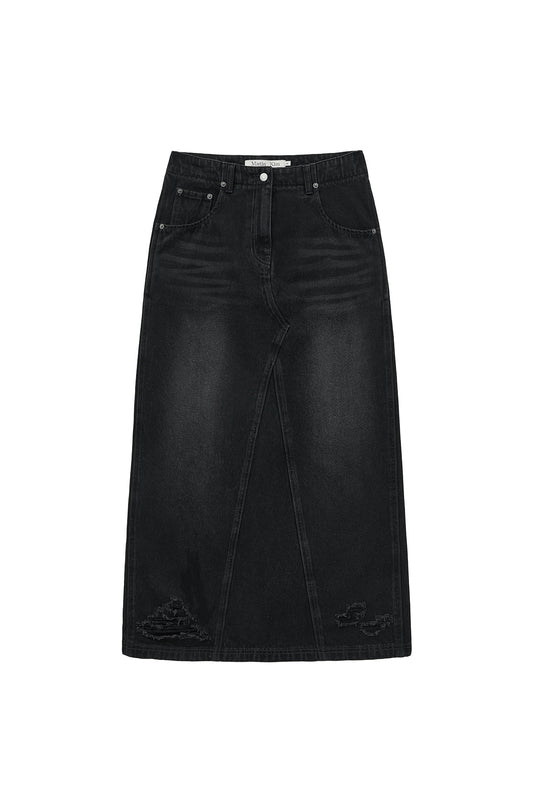 matinkim DAMAGE POINT LONG DENIM SKIRT IN BLACK