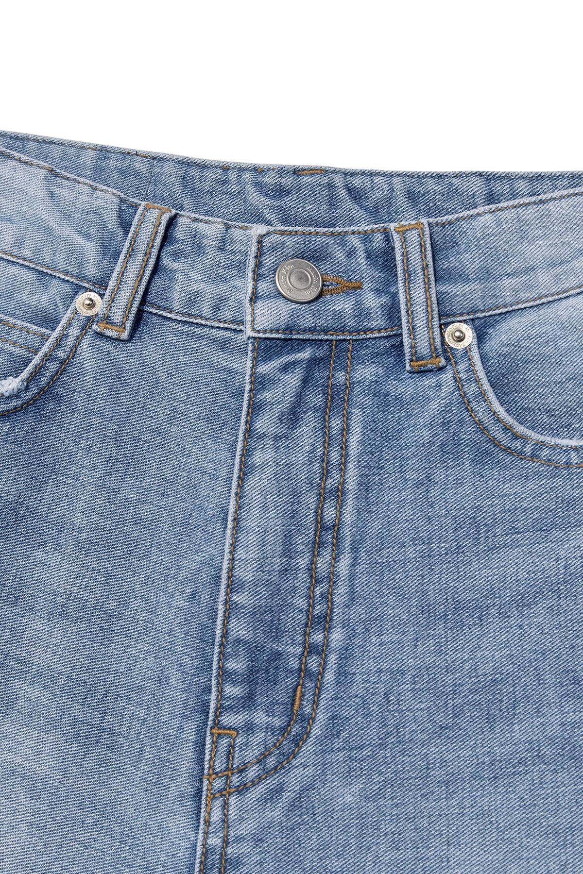 matinkim UNBALANCE CUT POINT DENIM PANTS IN BLUE
