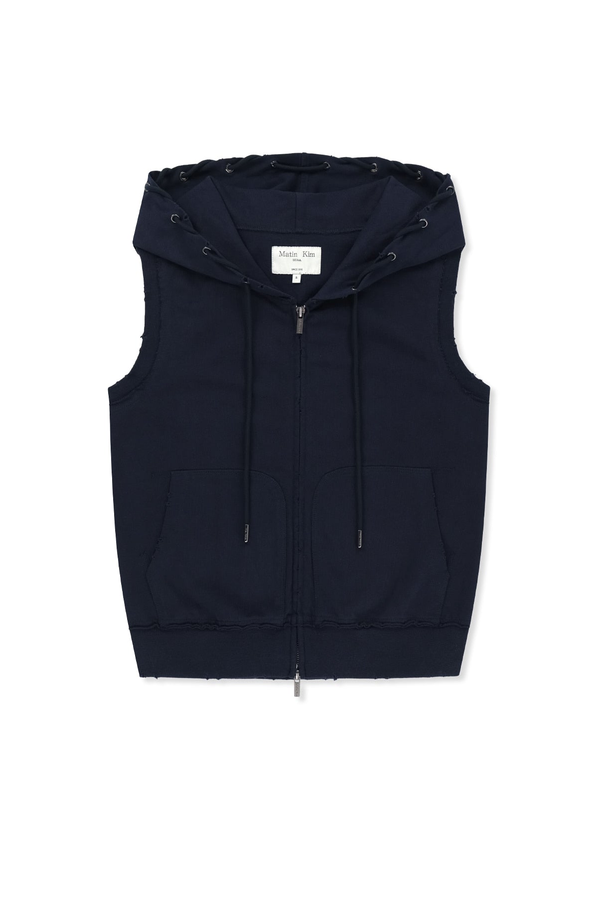 matinkim BACK LOGO JERSEY HOOD VEST IN NAVY